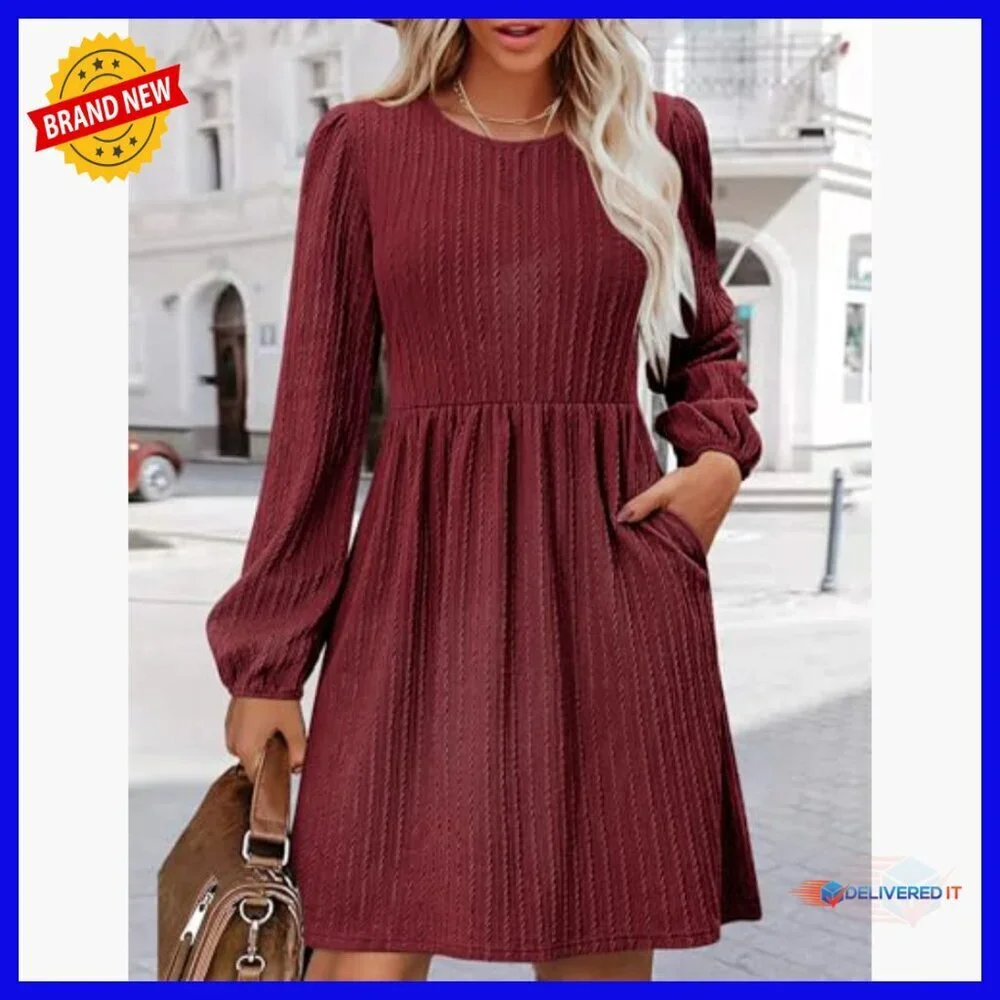 Knee-Length A-Line Sweater Dress with Pockets, Long Sleeve Crew Neck